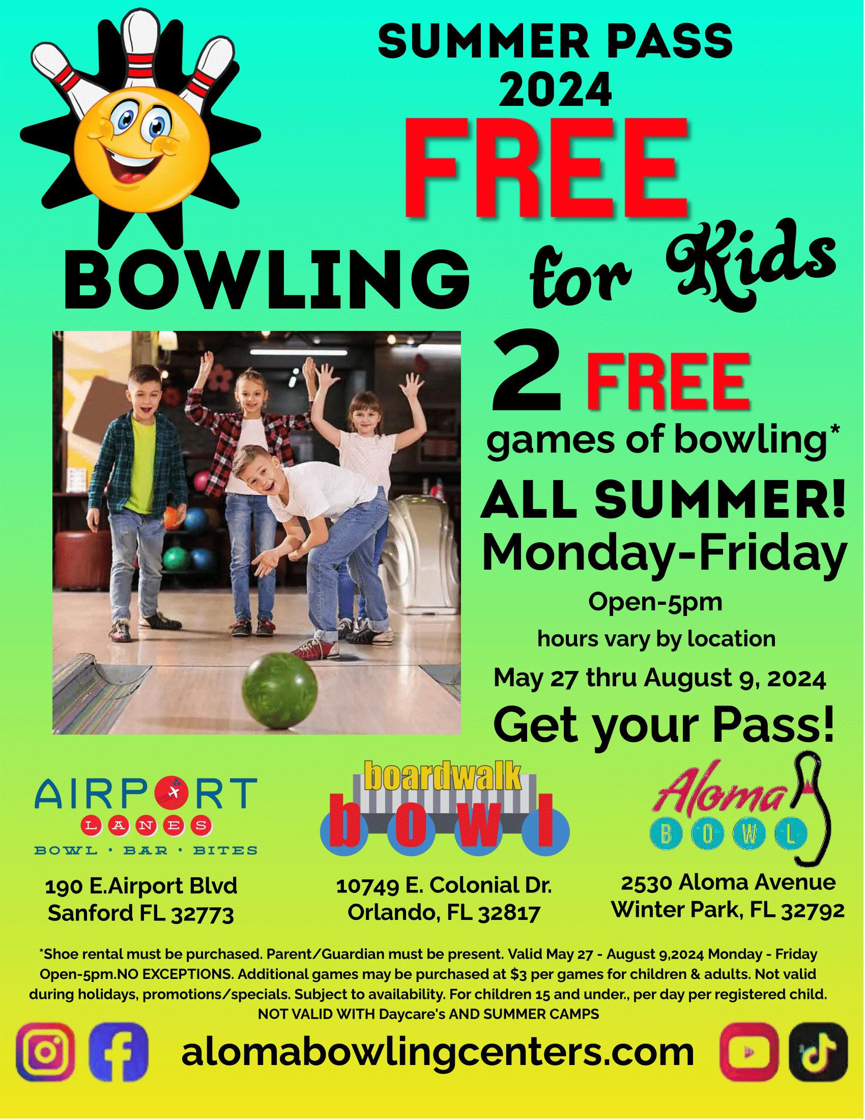 Free Bowling Returns for Kids This Summer at Aloma Bowling Centers 2024