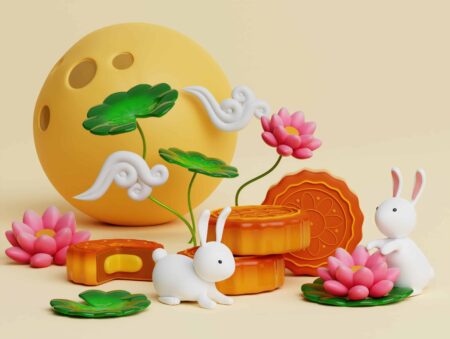 3d cute rabbits and baked mooncake with lotus, full moon on yellow background Chinese palace aside Translation: Happy mid autumn festival 3d render